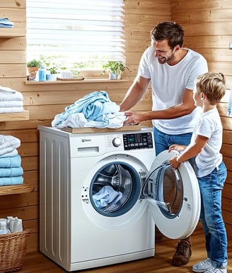 vader en zoon doen de was in de wasmachine