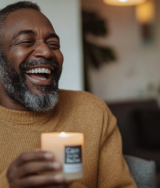 a man with a candle in a living room
