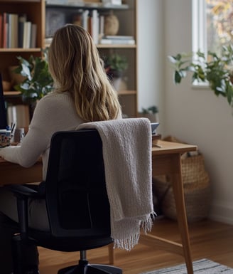 a woman sitting at a desk with a computer monitor and a computer monitor