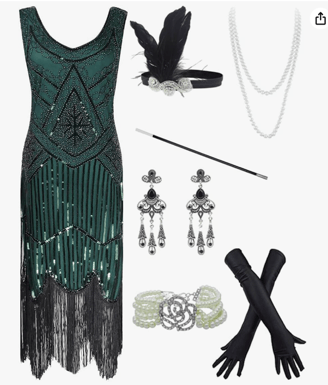 FUNDAISY 20s Flapper Gatsby Sequin Beaded Evening Cocktail Dress with accessories set dark green