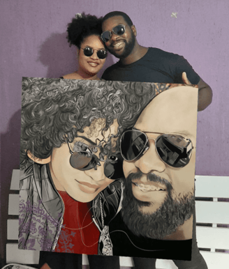 Rosto de namorados em pop-art, com detalhes expressivos e estilo contemporâneo