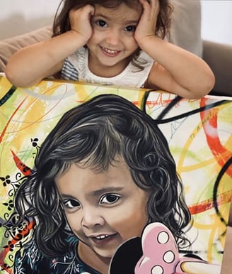 Rosto de criança no estilo pop-art, transmitindo emoções intensas através de formas e cores