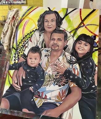 Rosto de familia em pop-art, transmitindo emoções intensas através de formas e cores