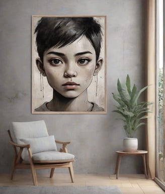 Quadro personalizado de rosto de criança em estilo pop-art com fundo abstrato.