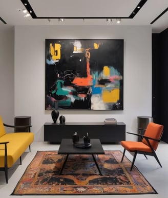 Sala elegante com mesa preta e cadeiras em tons coloridos