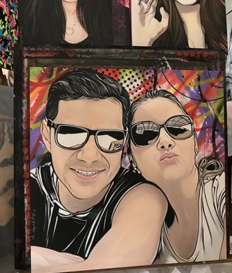 Pintura de casal em pop-art, com detalhes expressivos e estilo contemporâneo