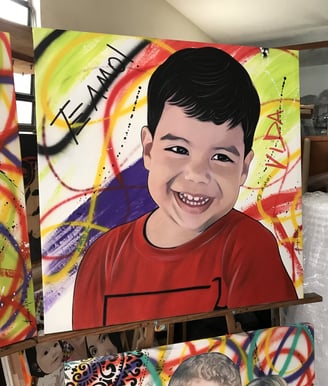 "Rosto de filha em pop-art, com detalhes expressivos e estilo contemporâneo