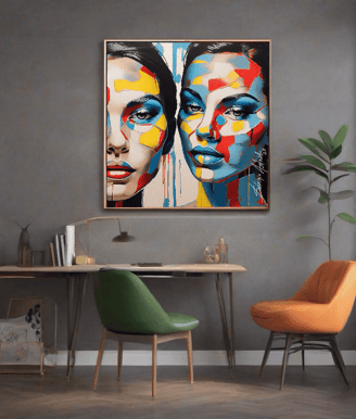 Quadro na parede da sala com design pop-art, criando um ponto focal visualmente cativante