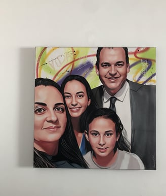 Família em pop-art, com detalhes expressivos e estilo contemporâneo