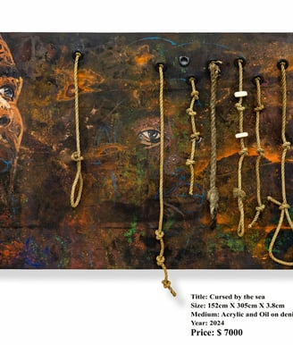 Cursed by the sea, Acrylic and mixed media on denim, 2024, 152x305cm (Evans torngmortey)