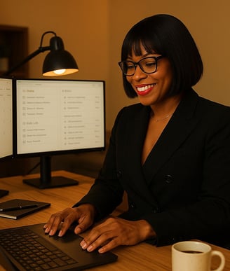 a woman sitting at a desk with a laptop computer