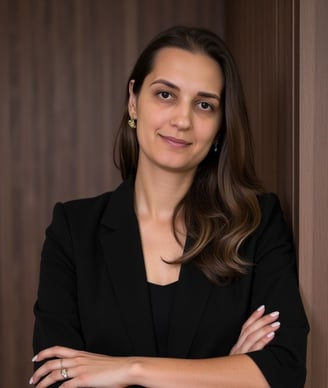 a woman in a black suit and earrings