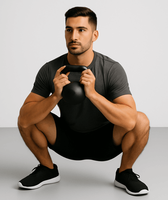 a man in a black shirt is squatting on a kettlebell