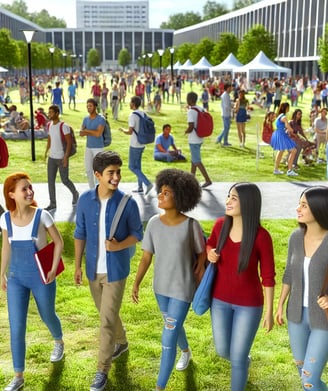 a group of people walking around a grassy area