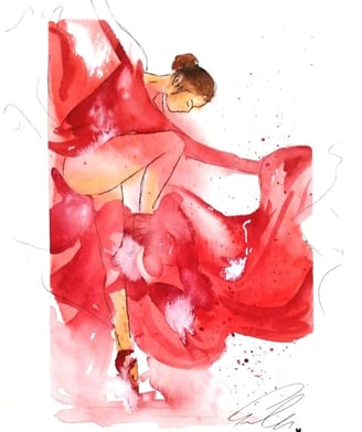 a woman in a red dress with a red dress