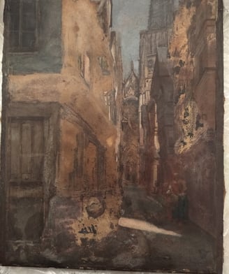 Tableau ancien en cours de restauration : grattage des couches de peinture altérées.
