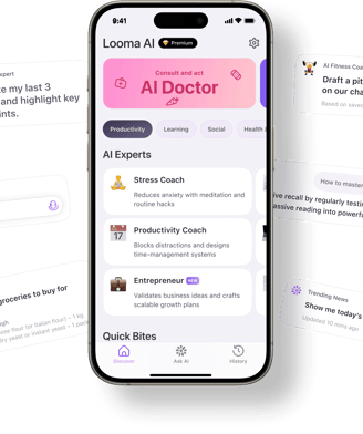 iOS app screen showing Looma AI chat with AI Expert list interface.