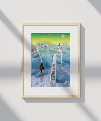 Framed print of an icy border scene with penguins and obelisk