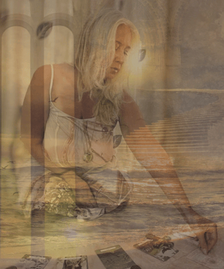 Maryann in ritual reflection with tarot, symbolising intuitive guidance and embodied presence.