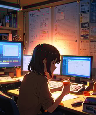 An anime-style girl sitting at her desk late at night, sipping coffee in front of a glowing monitor 