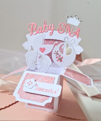Handmade new baby pop up card made with Sizzix to welcome newborn baby girl