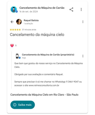 Cancelamento da Maquina Cielo em Rio Claro Sao Paulo