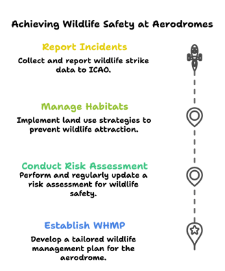 A graphic design displaying a methodology to achieve wildlife safety at aerodromes