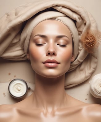 A person is lying on a massage table, covered with a dark towel, receiving a face massage. The massage therapist's hands are gently pressing on the person's forehead and eyes. The environment appears calm and relaxing.