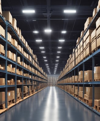 A large warehouse aisle flanked by tall metal shelves filled with stacked boxes and packages. The shelves extend towards the back of the warehouse, where they converge in the distance. The lighting is bright and industrial, with fluorescent lights illuminating the space.