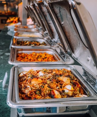 a buffet with many different types of food