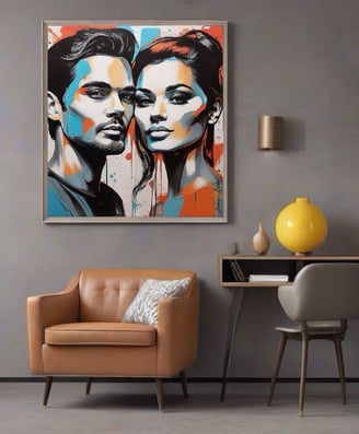 Retrato pop-art de casal com sorrisos radiantes e fundo geométrico.