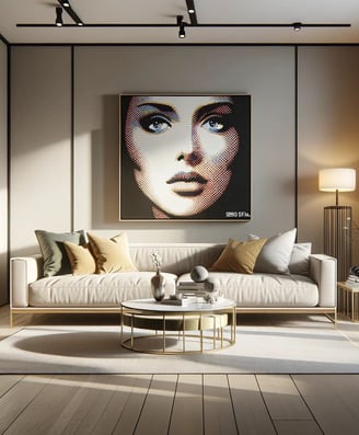 Sala com um quadro de uma mulher em Pop-Art.