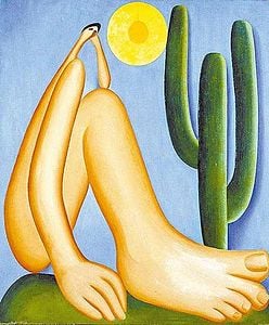 Obra "Abaporu": Pintura de uma figura humana com cabeça pequena e grandes pés, representando o moder