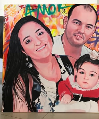 Pintura de família em estilo pop-art, capturando a essência de cada membro com originalidade