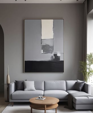 Quarto minimalista com mobília contemporânea em tons de cinza e iluminação suave.