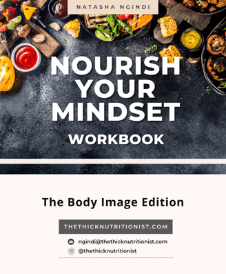 an ebook cover with a variety of food and text: nourish your mindset body image edition