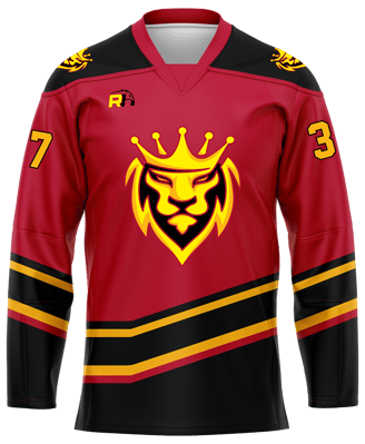 Custom ice hockey jersey #5 front – Red/Black sublimation on premium polyester fabric | Realm Hawk