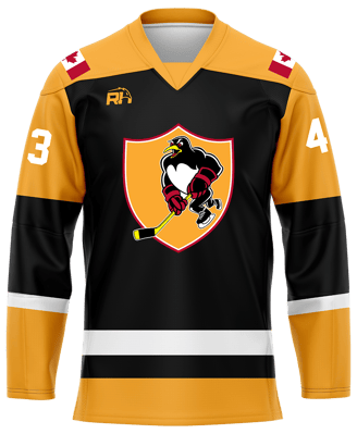 Custom ice hockey jersey #6 front – Yellow/Black sublimation on top polyester fabric | Realm Hawk