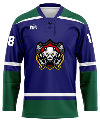 Custom ice hockey jersey #3 front – Blue/Green sublimation on wicking polyester fabric | Realm Hawk
