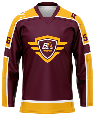 Custom ice hockey jersey #1 front – Maroon/Yellow sublimation on polyester fabric | Realm Hawk
