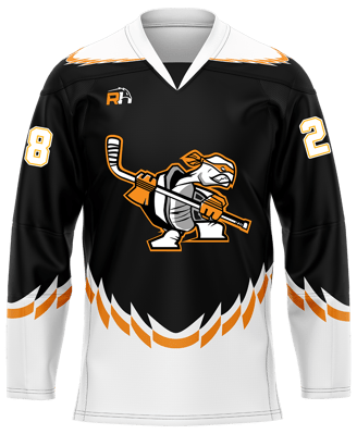 Custom ice hockey jersey #4 front – Black/Off White sublimation on top polyester fabric | Realm Hawk