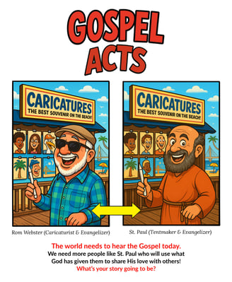 Gospel sharing caricature artist side-by-side with St. Paul and his caricature pen.
