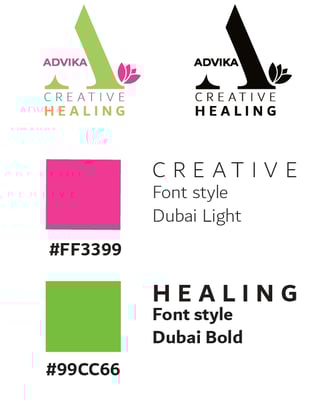 Brand identity design with logo, colors, fonts, and style guide by Anagha Art Studio.