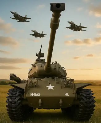 Tanque Walker Bulldog a control remoto con aviones de fondo