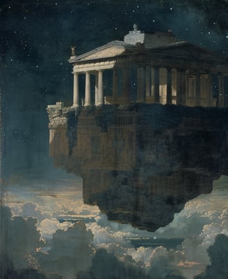digital painting of a pillar structure floating on a rock in the cosmos