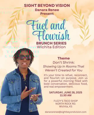 Advertisement featuring a woman with eyewear and jean jacket speaking