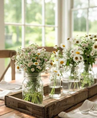 daisy and sunflowers inside a mason jar on dining table