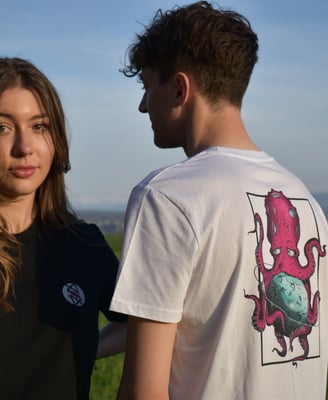 Male and female models wearing personalized t-shirts featuring a graphic octopus print