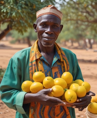 A person is tending to a garden, spreading organic material onto the soil between rows of young plants. The setting is a well-organized farm with various types of plants growing in parallel rows. A wheelbarrow filled with similar organic material is visible nearby.