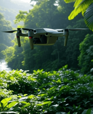 Drone en vol stationnaire dans une forêt pour la journée internationale des drones.